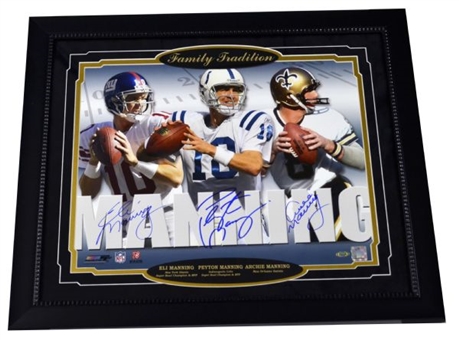 Triple-Signed and Framed 27x23 Montage of Eli, Peyton and Archie Manning (Steiner and NFL Auth)